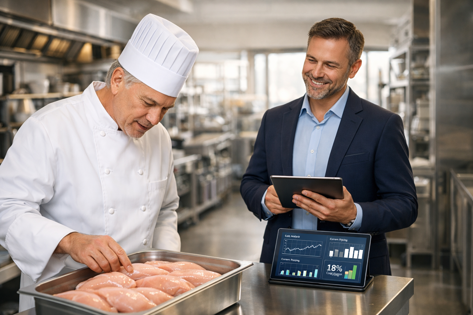 Chef eksekutif dan manajer F&B memeriksa kualitas fillet ayam premium dan dasbor harga operasional di dalam dapur restoran modern yang bersih dan higienis.