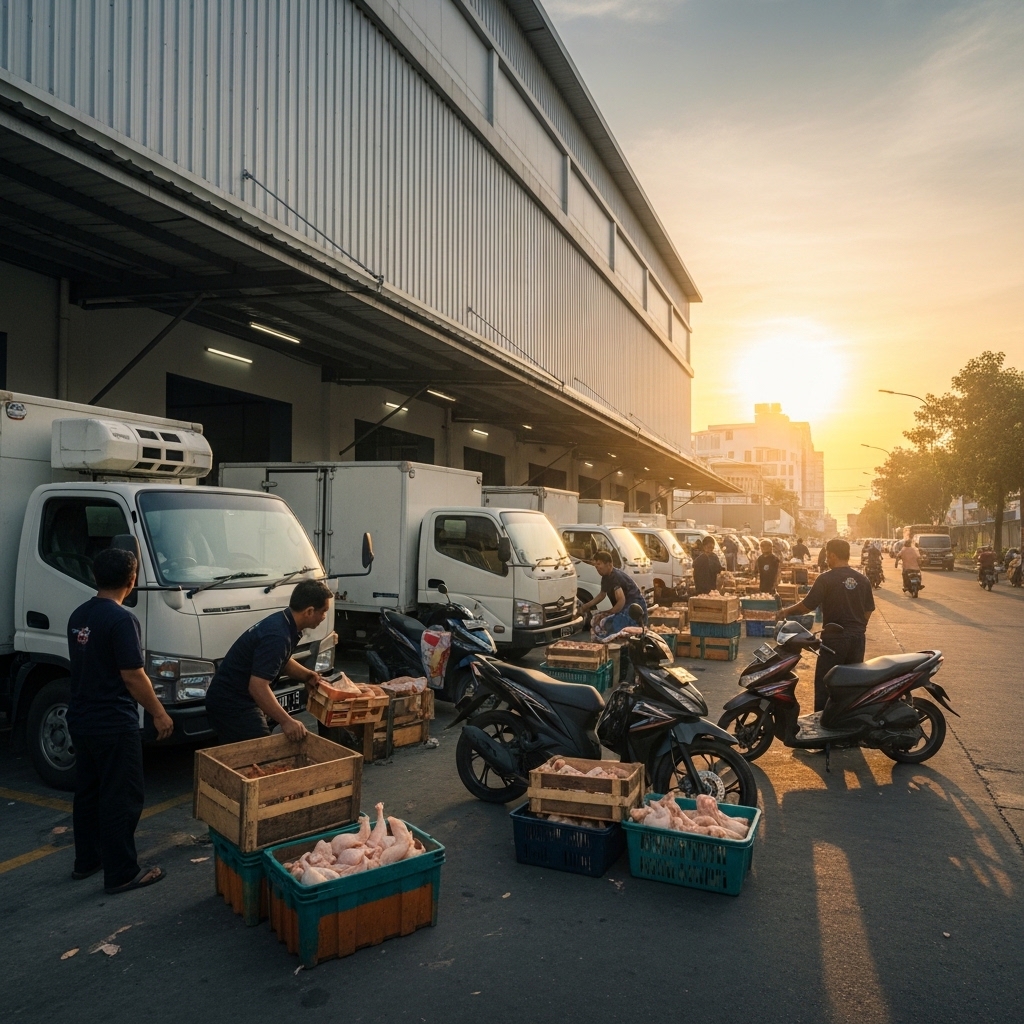 Pengiriman ayam potong segar pagi hari area Jakarta Barat Cengkareng Grogol oleh Tricik
