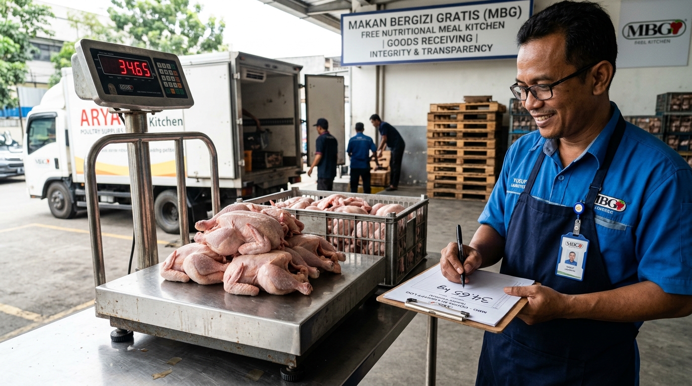 Audit timbangan loading dock untuk membongkar manipulasi timbangan basah menggunakan karkas segar murni Tricik di Dapur MBG