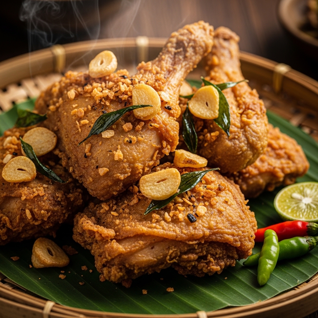 Tekstur garing ayam goreng bawang putih Batam menggunakan karkas segar bebas air es dari pasokan B2B Tricik Cengkareng