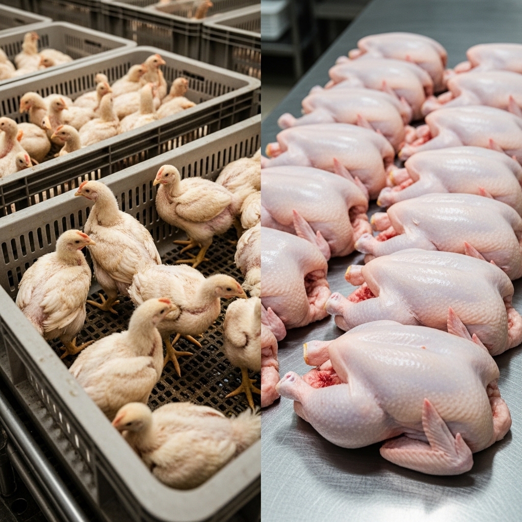 Perbandingan suplai ayam broiler hidup untuk pasar dan ayam karkas bersih segar Tricik untuk restoran B2B