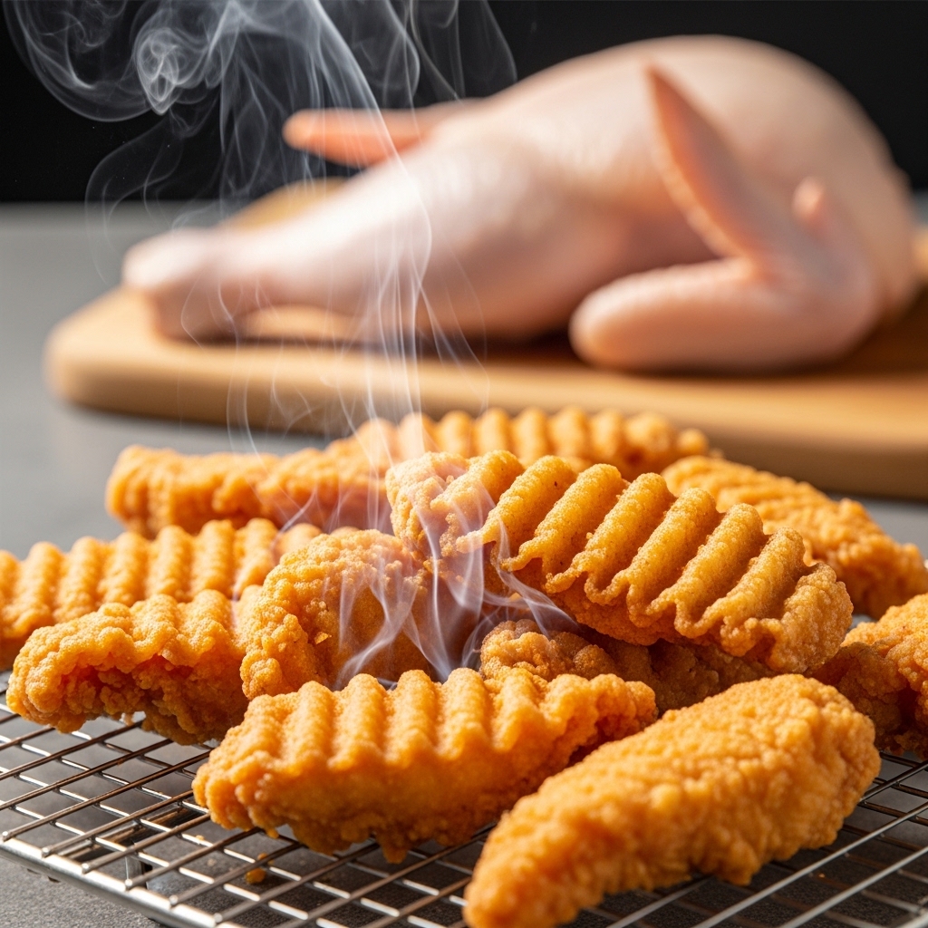 Hasil masakan fried chicken crispy yang sempurna menggunakan bahan baku ayam potong segar tanpa suntikan air dari supplier Tricik Cengkareng