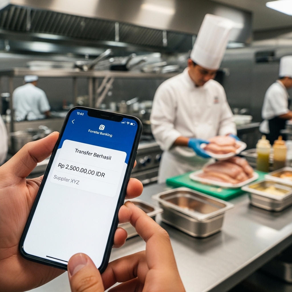 Pembayaran supplier ayam Tricik via transfer bank untuk manajemen keuangan restoran yang efisien