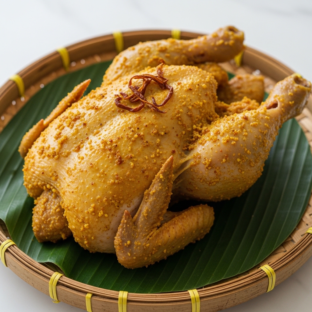 Sajian ayam ingkung utuh bumbu kuning menggunakan karkas segar bersih tanpa cacat dari distributor Tricik Cengkareng untuk bisnis katering B2B