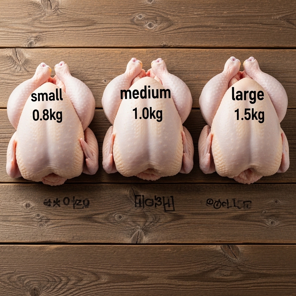 Perbandingan ukuran karkas ayam broiler segar 0.8kg hingga 1.5kg Tricik untuk usaha kuliner