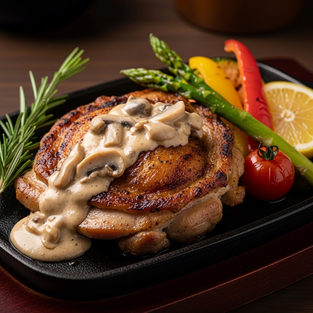 Sajian chicken steak yang juicy dan crispy menggunakan bahan baku boneless paha ayam skin-on segar pasokan B2B dari distributor Tricik Cengkareng