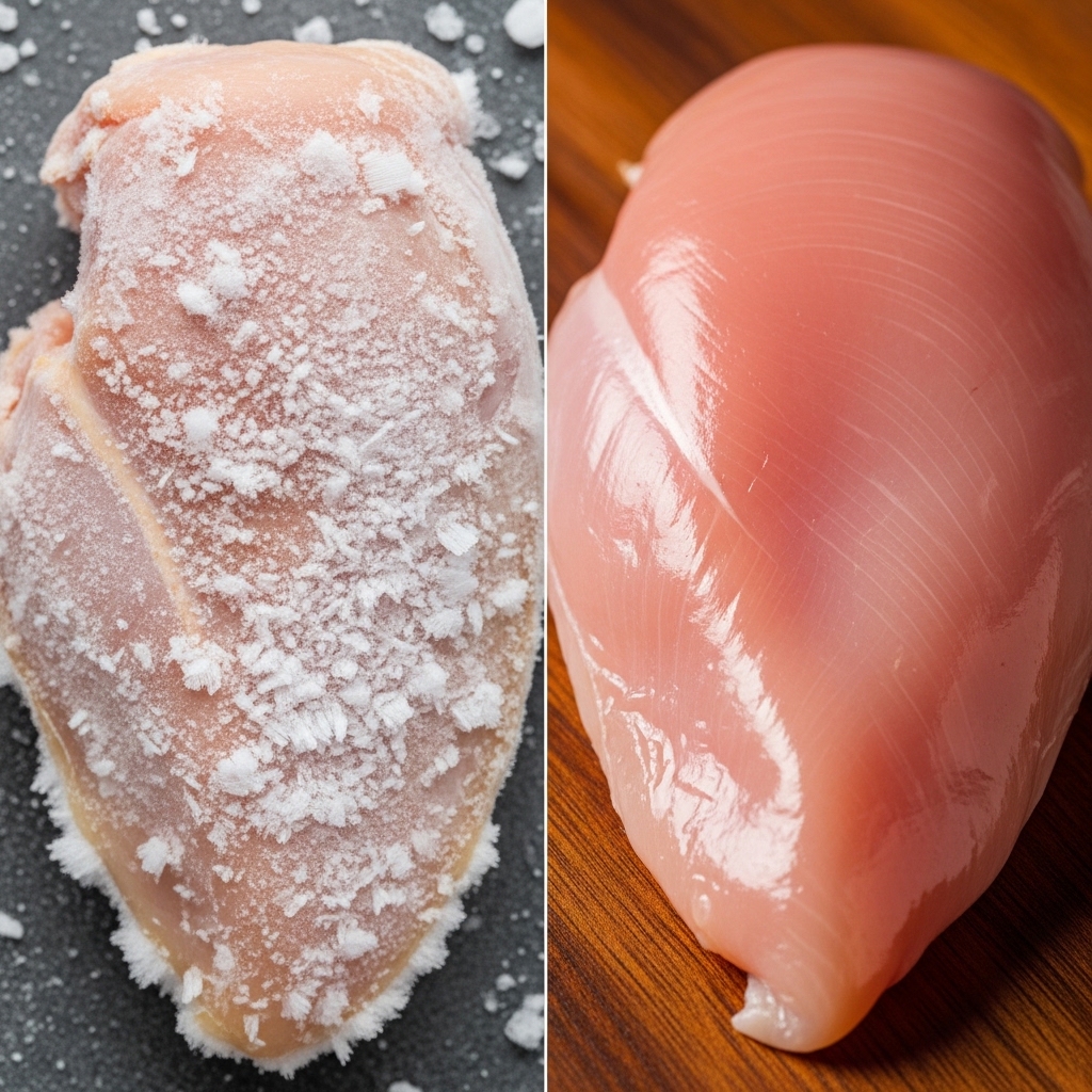 Perbedaan daging ayam beku yang terkena freezer burn dengan daging ayam fresh daily segar dari distributor Tricik Cengkareng untuk bahan sate B2B