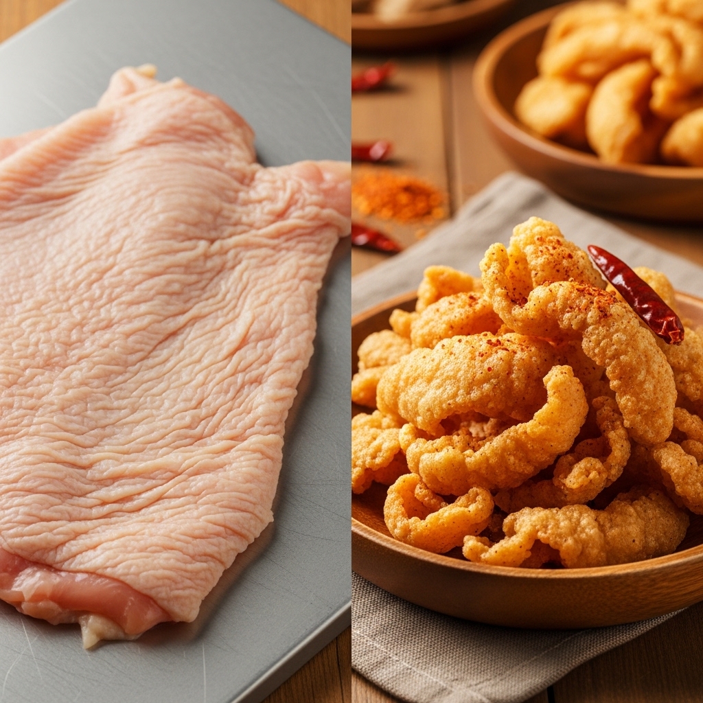 Pasokan kulit ayam mentah segar dan bersih bebas bulu dari Tricik Cengkareng untuk bahan baku bisnis snack keripik kulit goreng renyah B2B