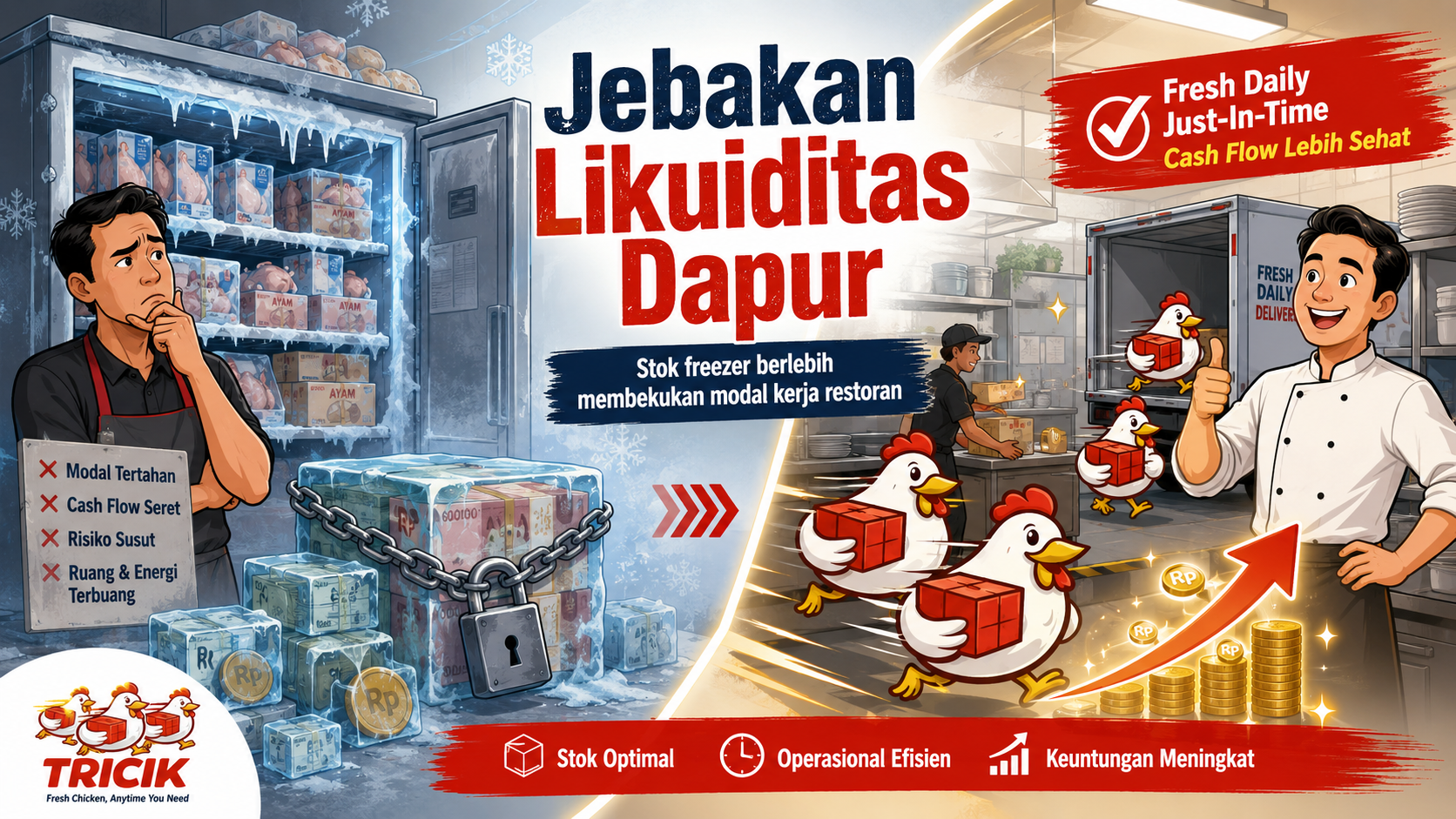 Executive chef memeriksa ayam segar untuk sistem Just-In-Time yang membantu restoran mengurangi stok freezer dan membebaskan modal kerja