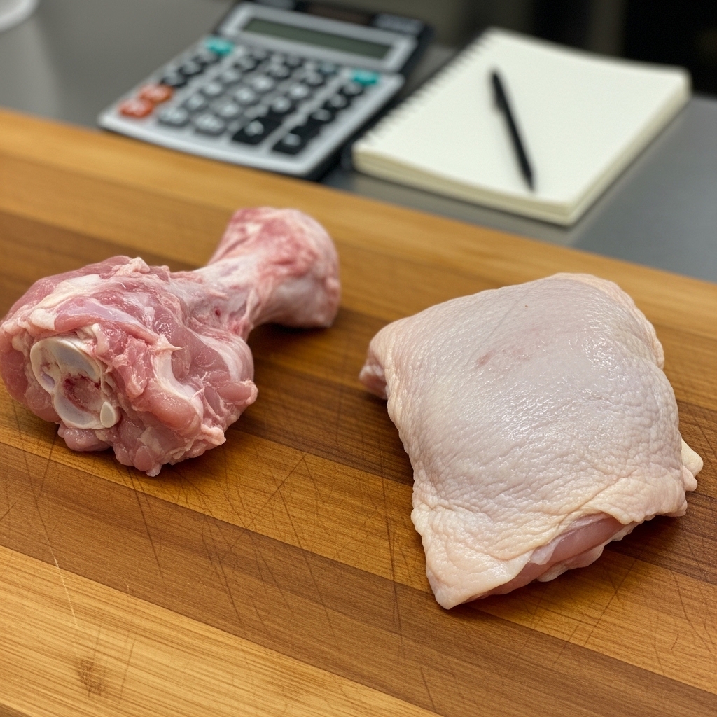 Perbandingan kalkulasi yield sisa daging pada tulang karkas dengan boneless paha utuh segar dari Tricik Cengkareng untuk efisiensi HPP restoran B2B