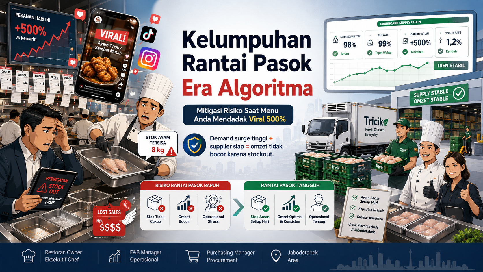 Executive chef dan purchasing manager restoran memeriksa pasokan ayam segar serta dashboard supply chain untuk menghadapi lonjakan permintaan akibat menu viral.