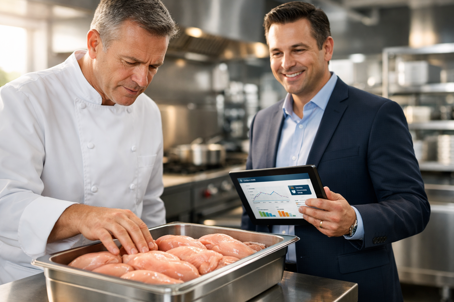 Executive chef dan purchasing manager di dapur restoran modern sedang menginspeksi kualitas ayam potong segar dan memantau dasbor transparansi harga bahan baku secara live.