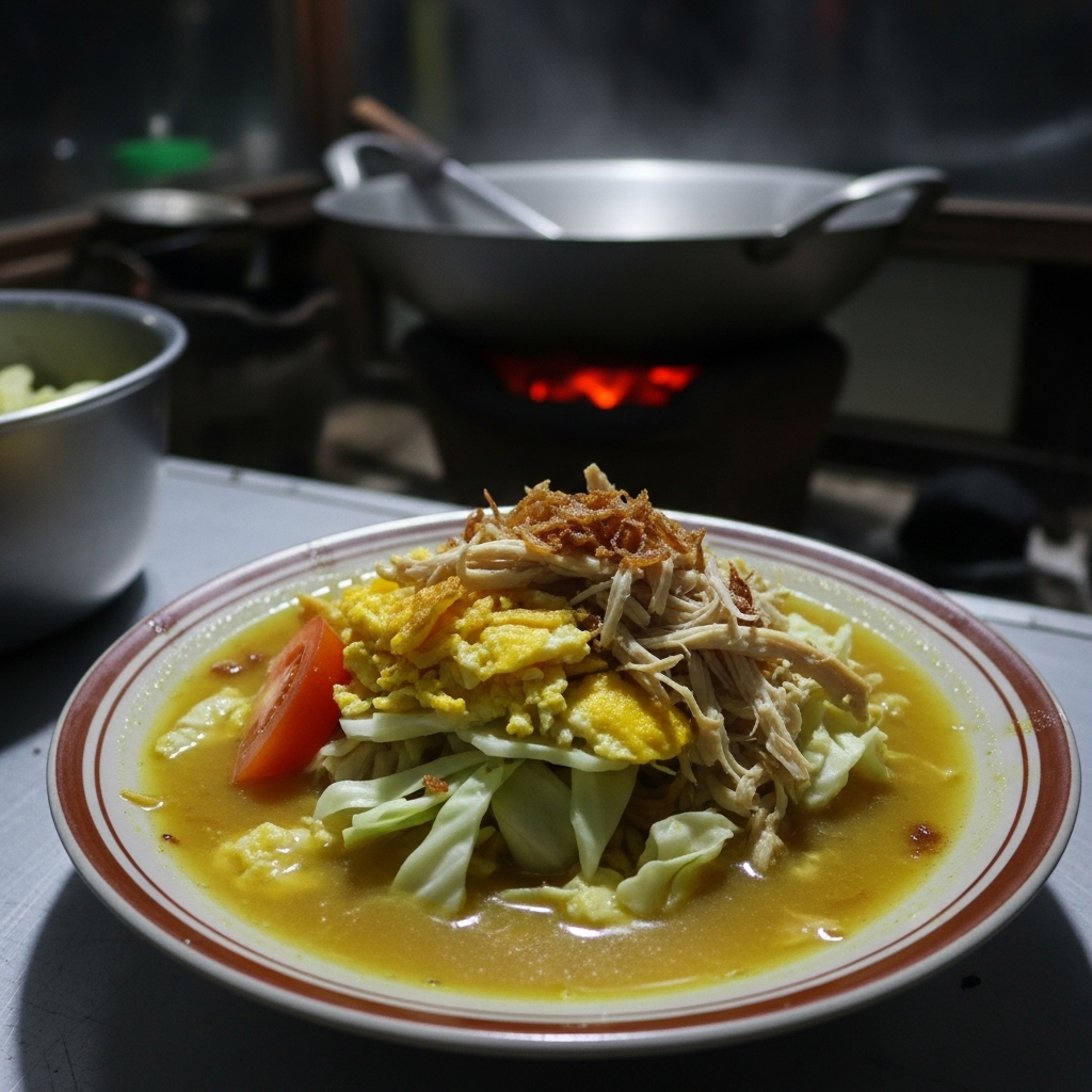 Kuah pekat kaldu ayam untuk hidangan Mie Godog Jawa menggunakan rebusan karkas segar Tricik di atas tungku anglo arang.