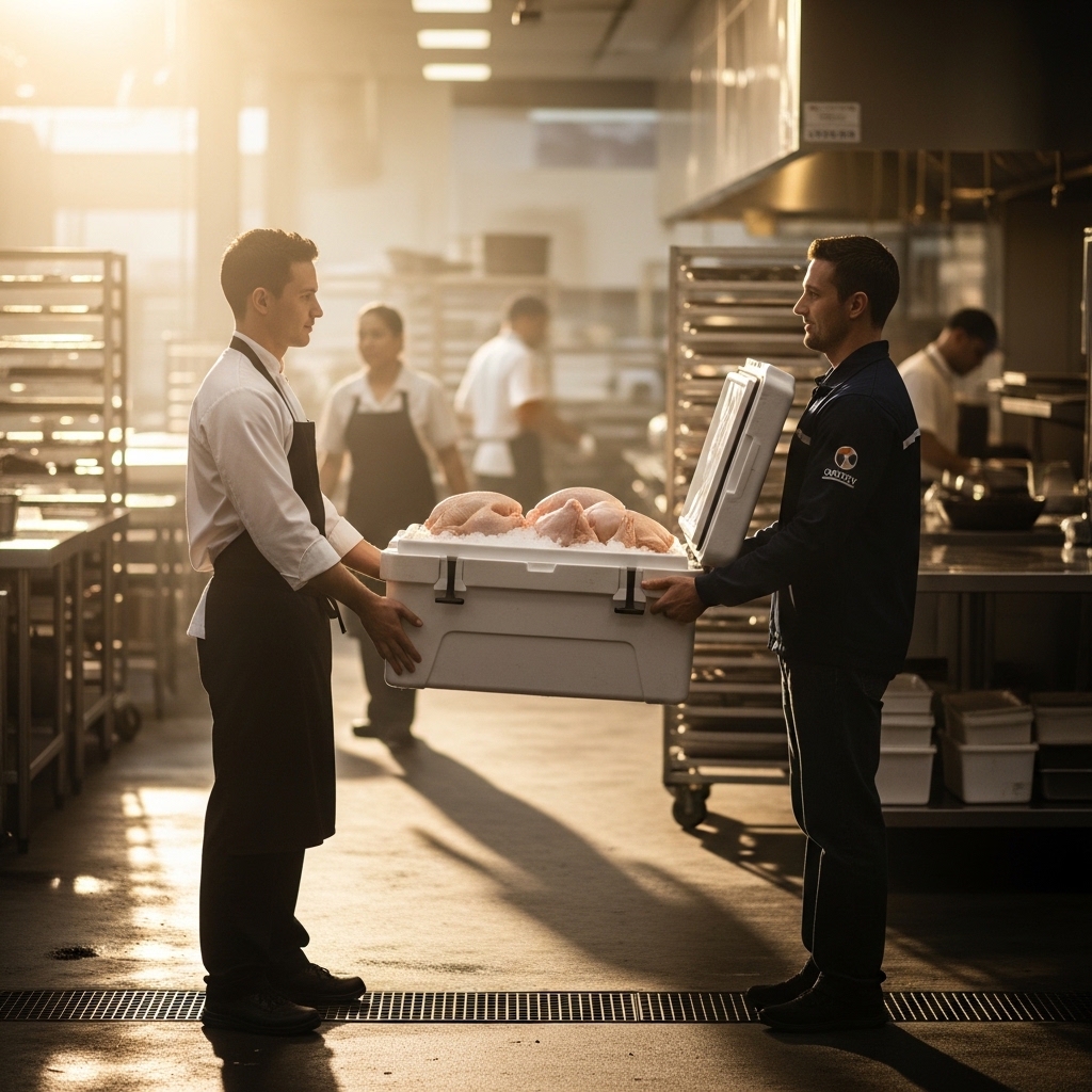 Jadwal pengiriman logistik ayam potong segar pagi hari 06:00-09:00 WIB dari Tricik Cengkareng untuk persiapan dapur restoran B2B.