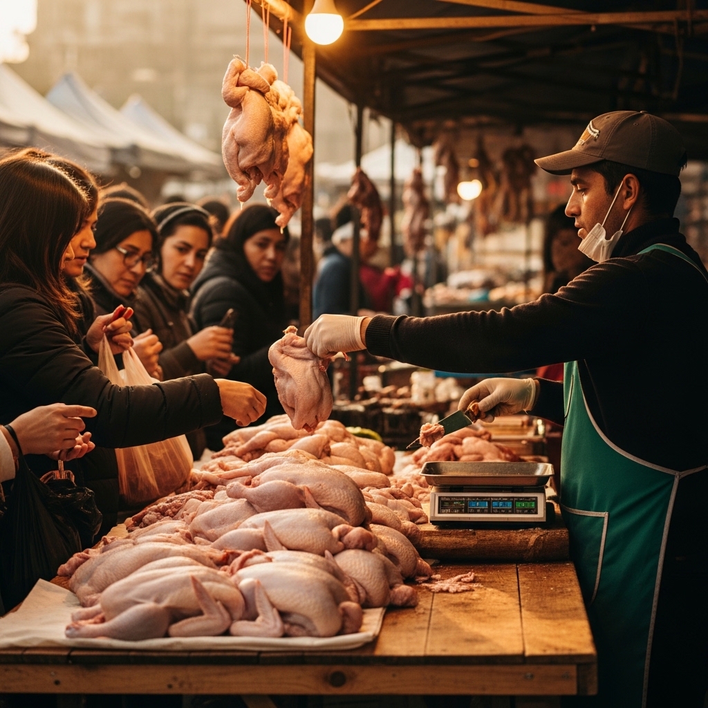 Pedagang pasar kaget menjual karkas ayam potong segar Tricik yang bebas es di lapak daging dadakan pagi hari.