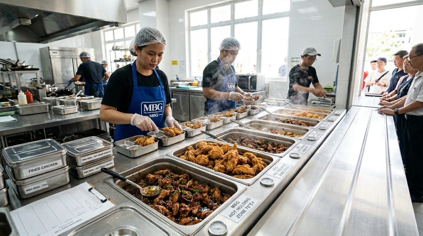 Efisiensi manajemen hot holding di stasiun plating Dapur MBG yang menjaga suhu lauk aman berkat karkas ayam segar murni dari Tricik Cengkareng