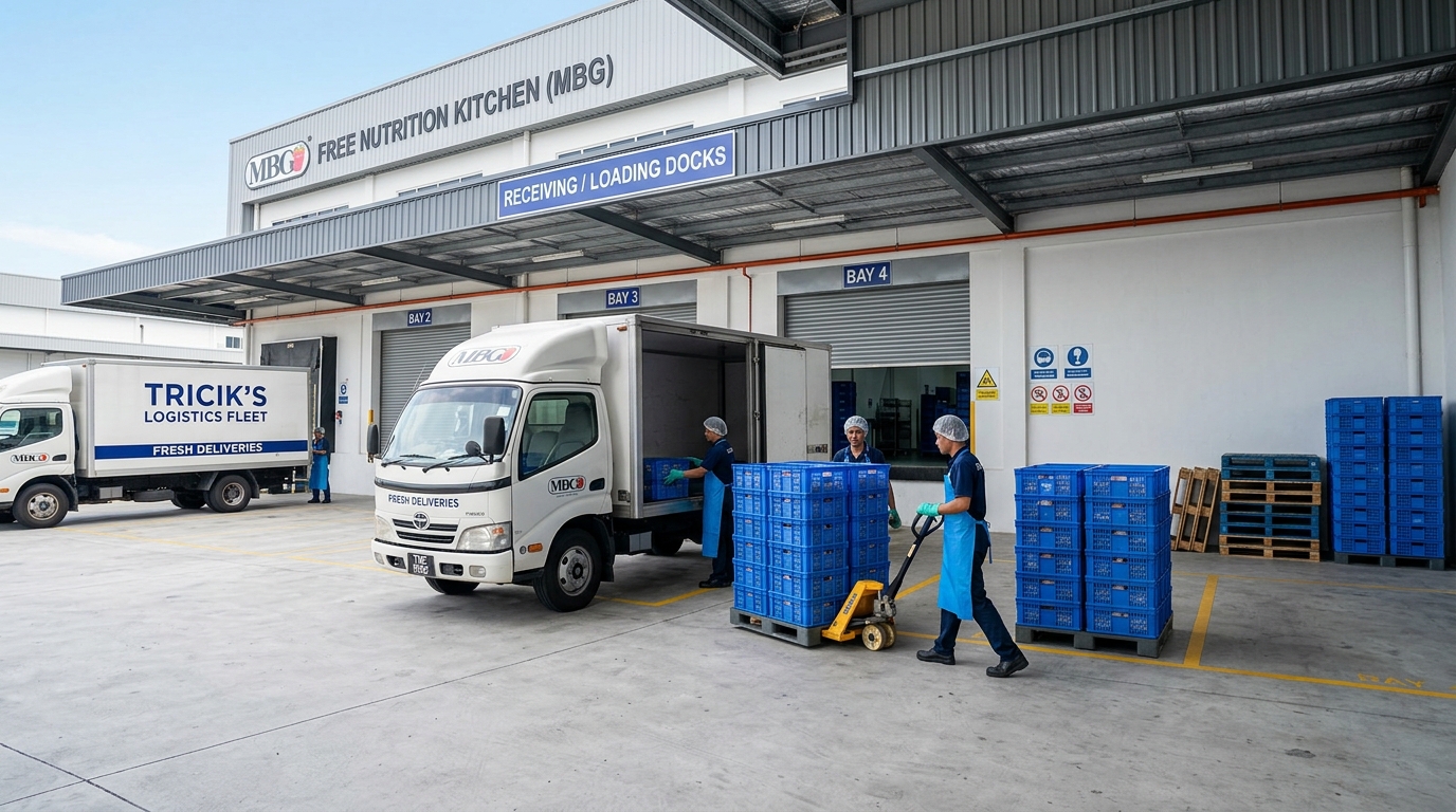 Kelancaran manajemen ruang loading dock Dapur MBG saat menerima ratusan kilogram pasokan ayam segar bersih dari armada logistik Tricik Cengkareng