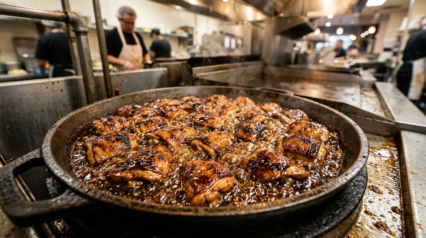Boneless paha skin-on ayam segar Tricik Cengkareng melelehkan lemak alami untuk mengentalkan saus teriyaki Dapur MBG