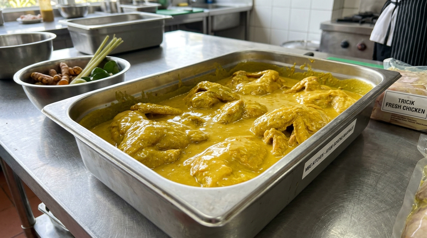 Pencegahan oksidasi silang dan fermentasi basi prematur pada bumbu marinasi basah santan kunyit Dapur MBG menggunakan ayam segar Tricik
