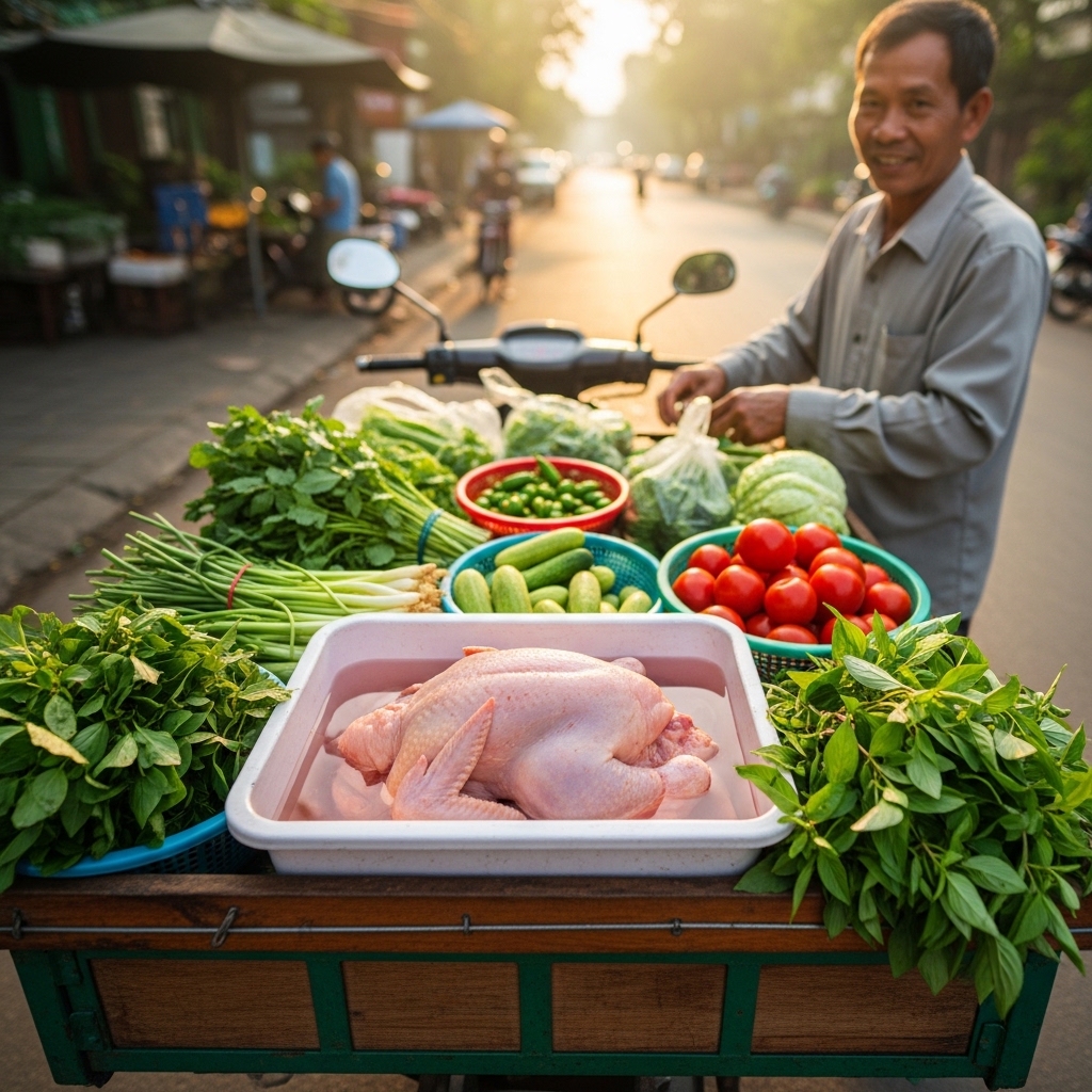 Ayam karkas utuh fresh daily Tricik Cengkareng di gerobak motor tukang sayur keliling untuk distribusi B2C pagi hari