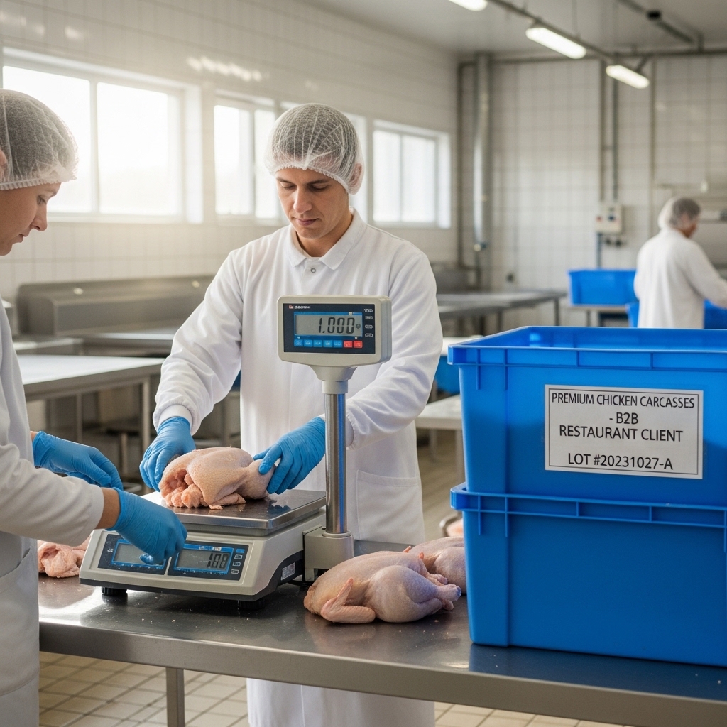 Proses grading dan penyortiran ukuran karkas ayam segar Tricik Cengkareng di dini hari untuk memenuhi presisi pesanan restoran B2B sistem Pre-Order H-1