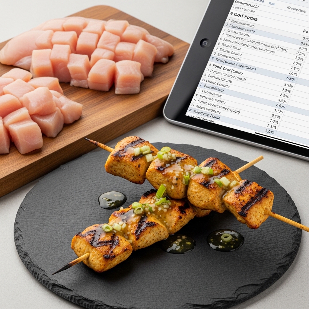 Perhitungan simulasi food cost dan HPP sate taichan per tusuk menggunakan daging boneless dada ayam segar dari distributor Tricik Cengkareng