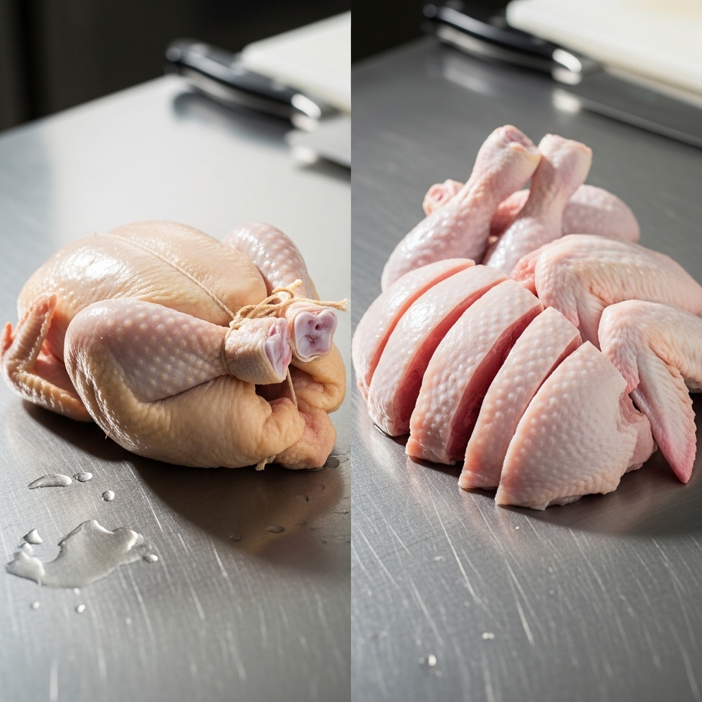 Panduan memilih ukuran karkas ayam potong segar 0.8kg untuk bakar utuh dan 1.2kg untuk parting 8 dari distributor Tricik.