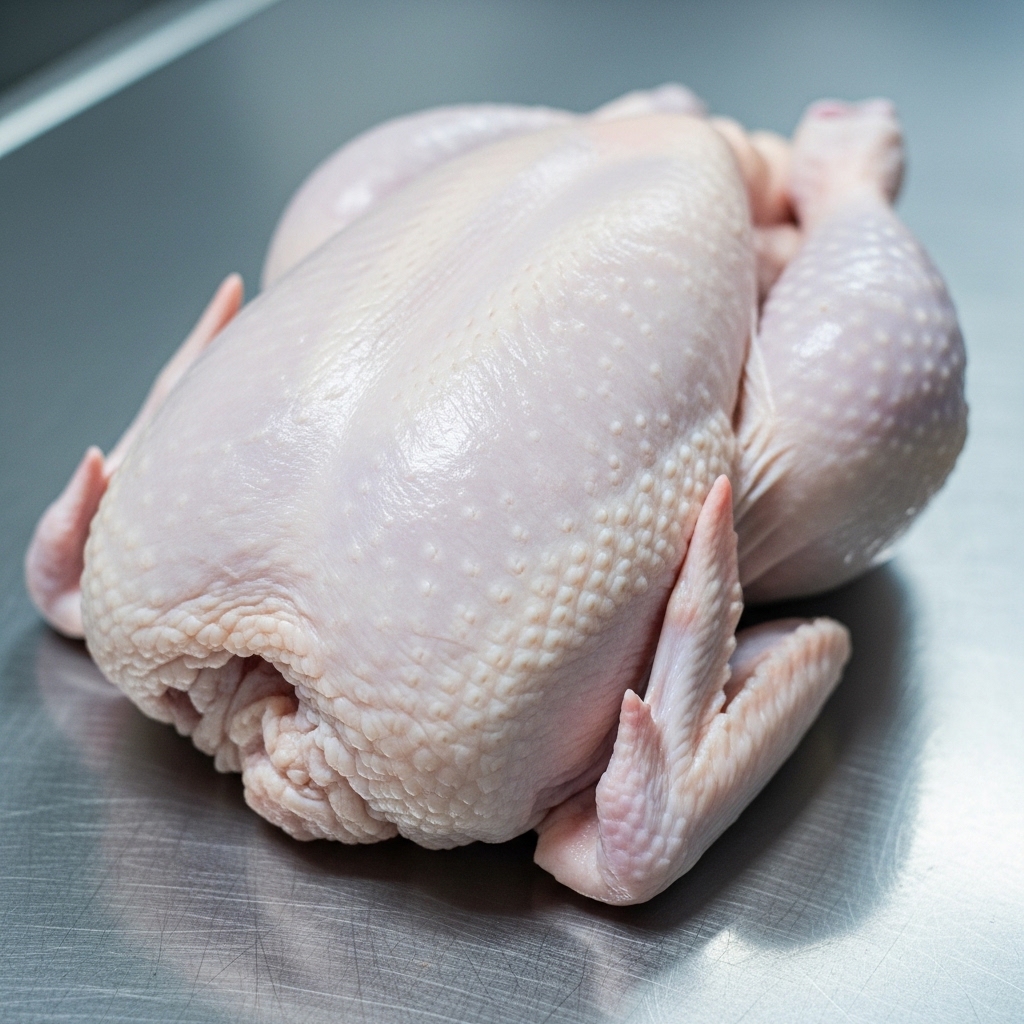 Permukaan kulit karkas ayam potong segar Tricik Cengkareng yang bersih sempurna dari sisa bulu halus untuk operasional restoran B2B.