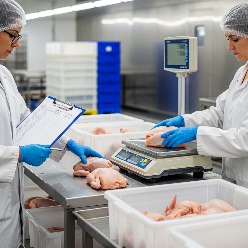 Proses grading ukuran ayam potong segar presisi melalui sistem pemesanan pre-order H-1 untuk restoran B2B di distributor Tricik Cengkareng