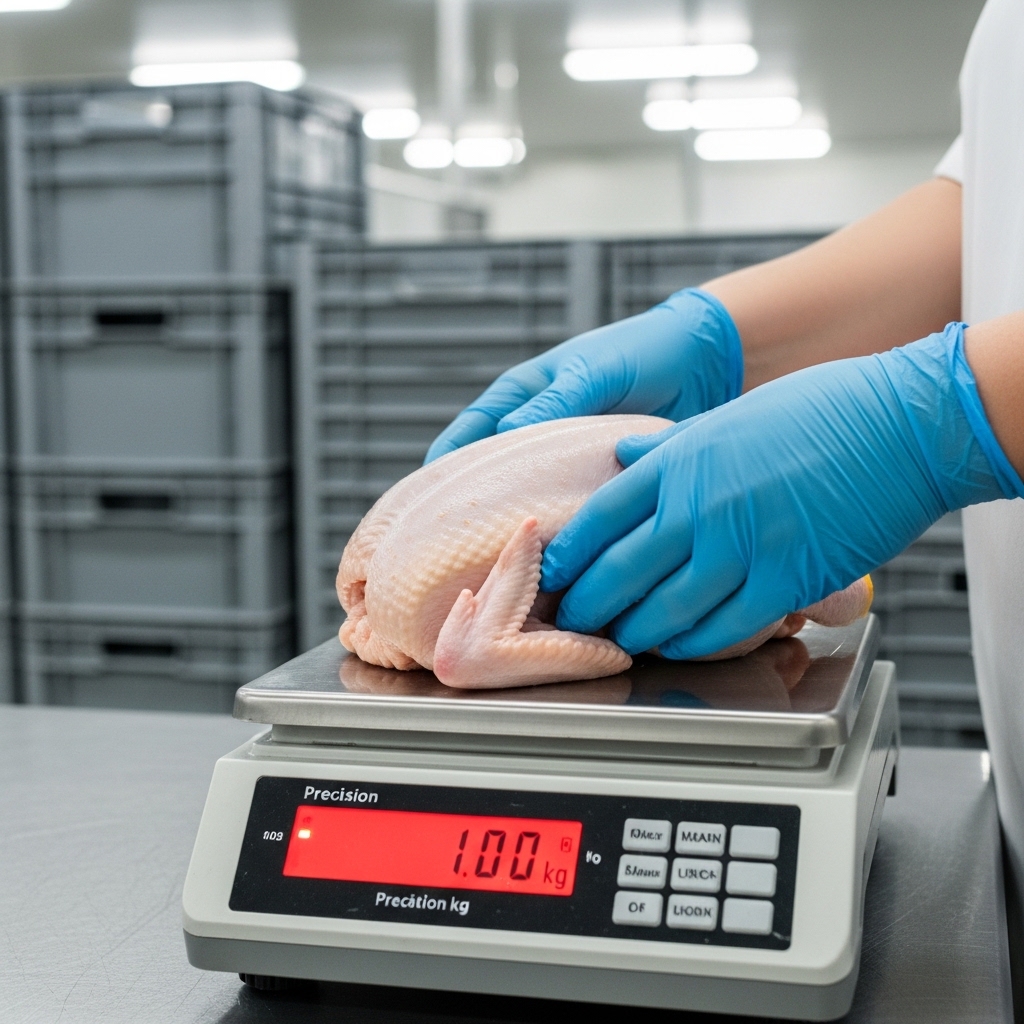 Proses grading timbangan presisi karkas ayam segar menggunakan sistem pre-order H-1 dari distributor Tricik Cengkareng untuk restoran B2B