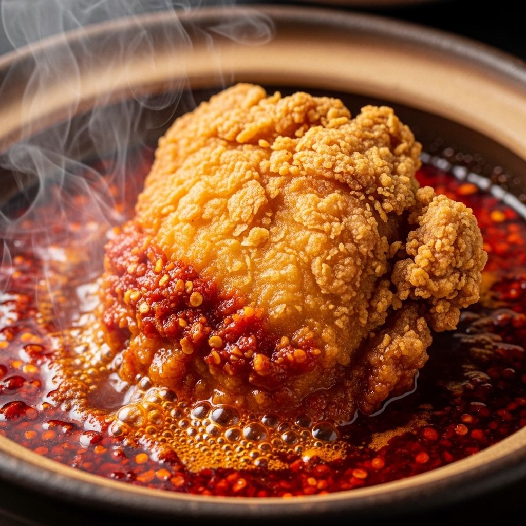 Ayam geprek krispi dengan kerak kokoh tahan minyak panas dari karkas segar Tricik untuk menu sambal bakar cobek tanah liat.