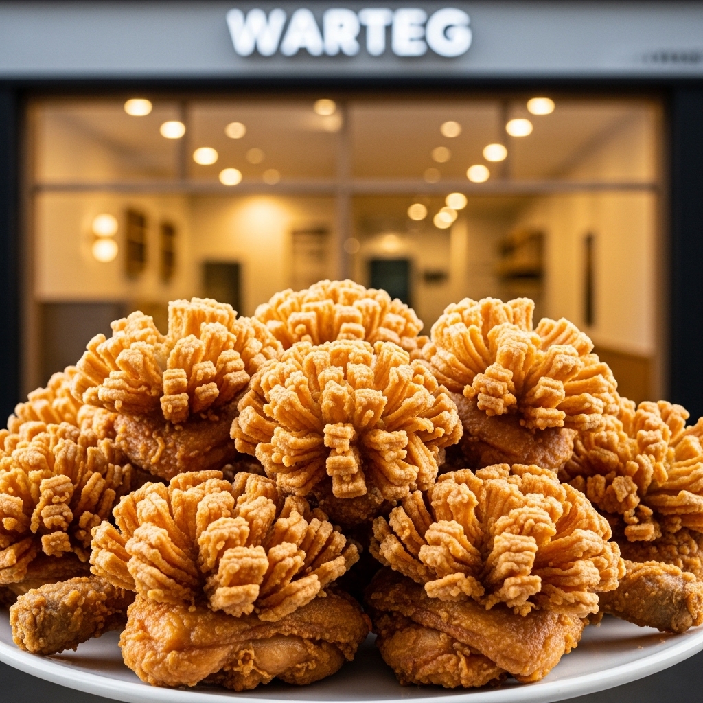 Ayam kremes bersarang renyah dan mekar menggunakan air ungkepan kaldu dari karkas ayam potong segar Tricik.