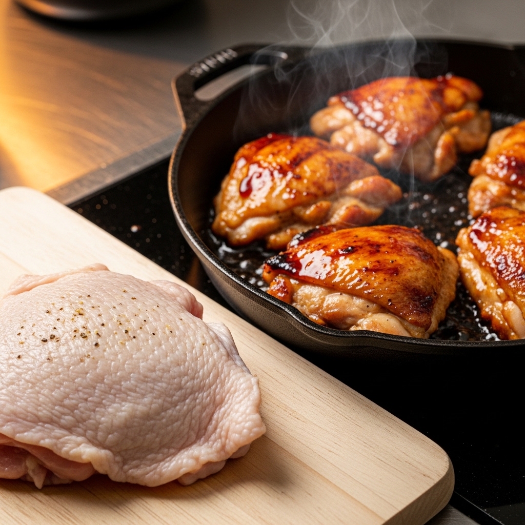 Potongan boneless paha ayam segar dengan kulit (skin on) dari Tricik Cengkareng untuk bahan baku resep chicken teriyaki gurih.