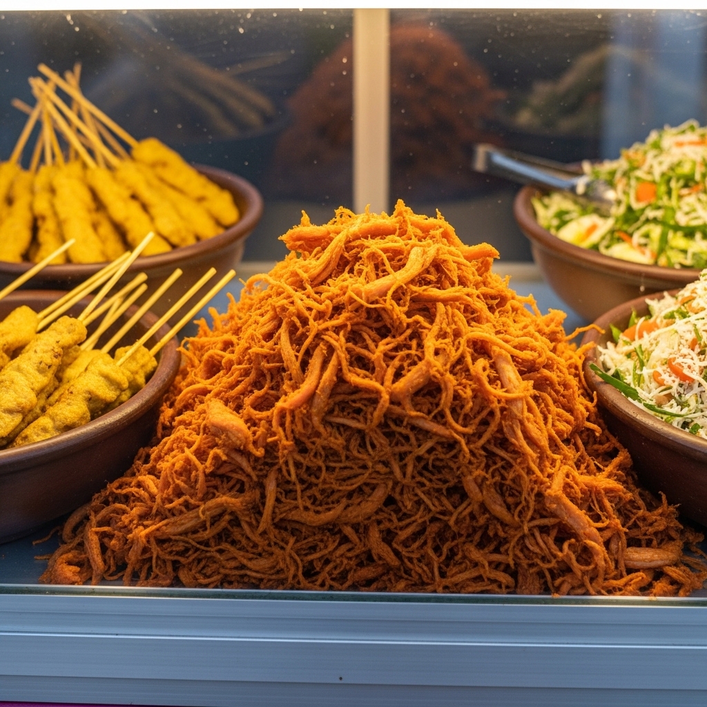 Suwiran ayam betutu bumbu genep kering awet untuk Nasi Campur Bali menggunakan karkas potong segar Tricik.