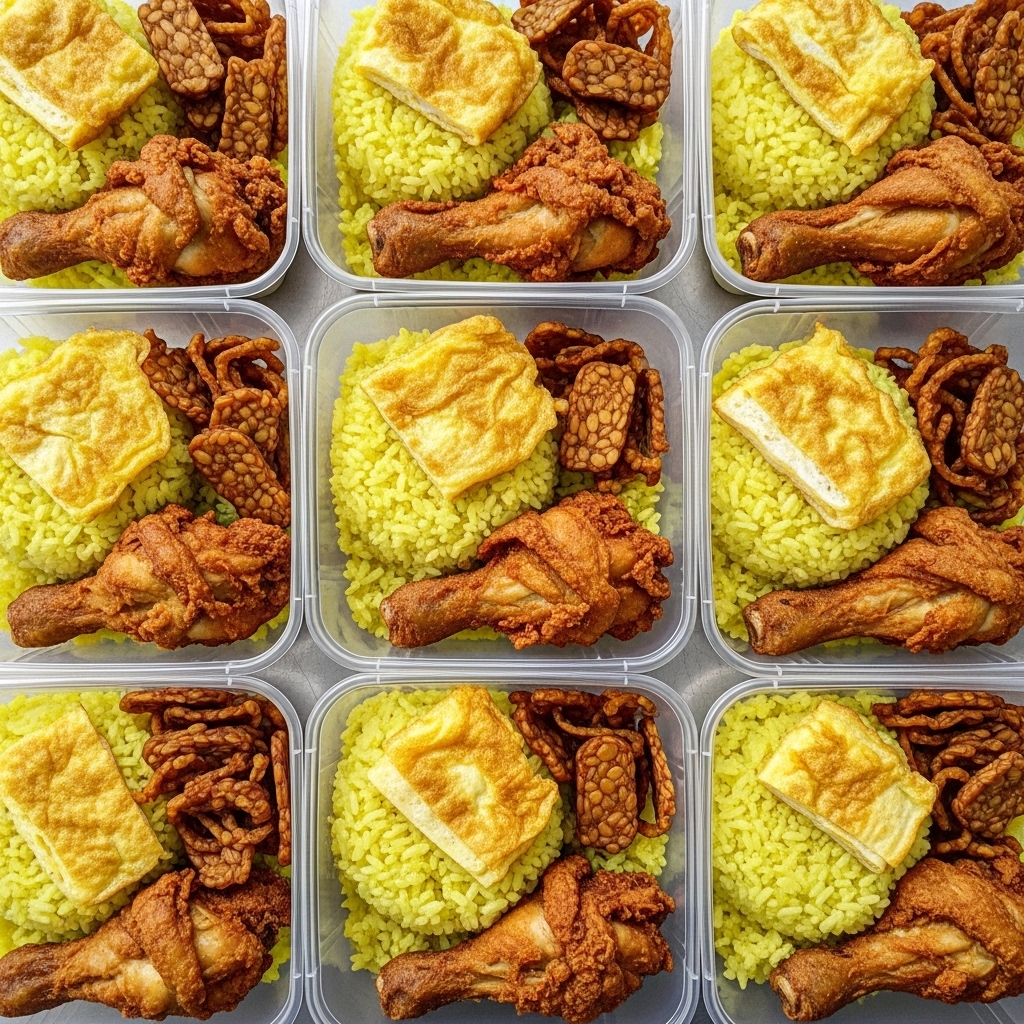 Ayam goreng karkas segar potongan parting 14 dari Tricik sebagai lauk ekonomis nasi kuning mika.