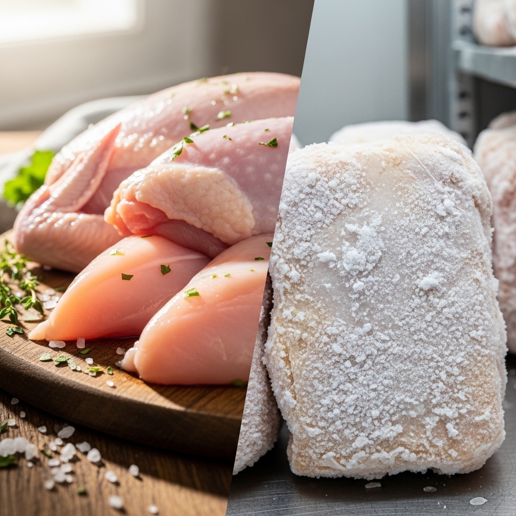 Perbandingan kualitas daging ayam potong segar Fresh Daily dari Tricik Cengkareng dengan ayam stok beku industri untuk kebutuhan B2B