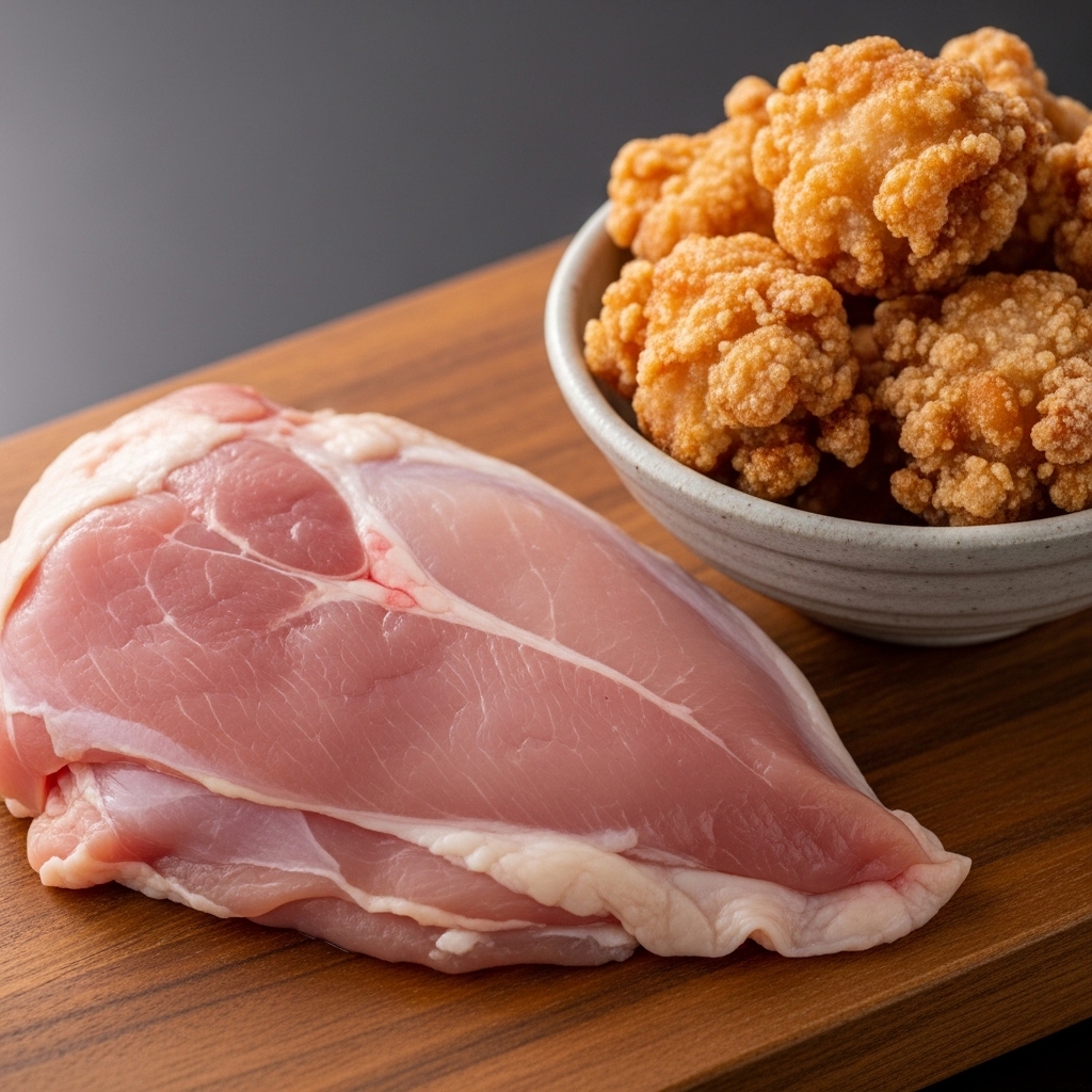 Potongan boneless paha ayam segar Tricik untuk bahan utama masakan karaage Jepang yang juicy dan renyah.