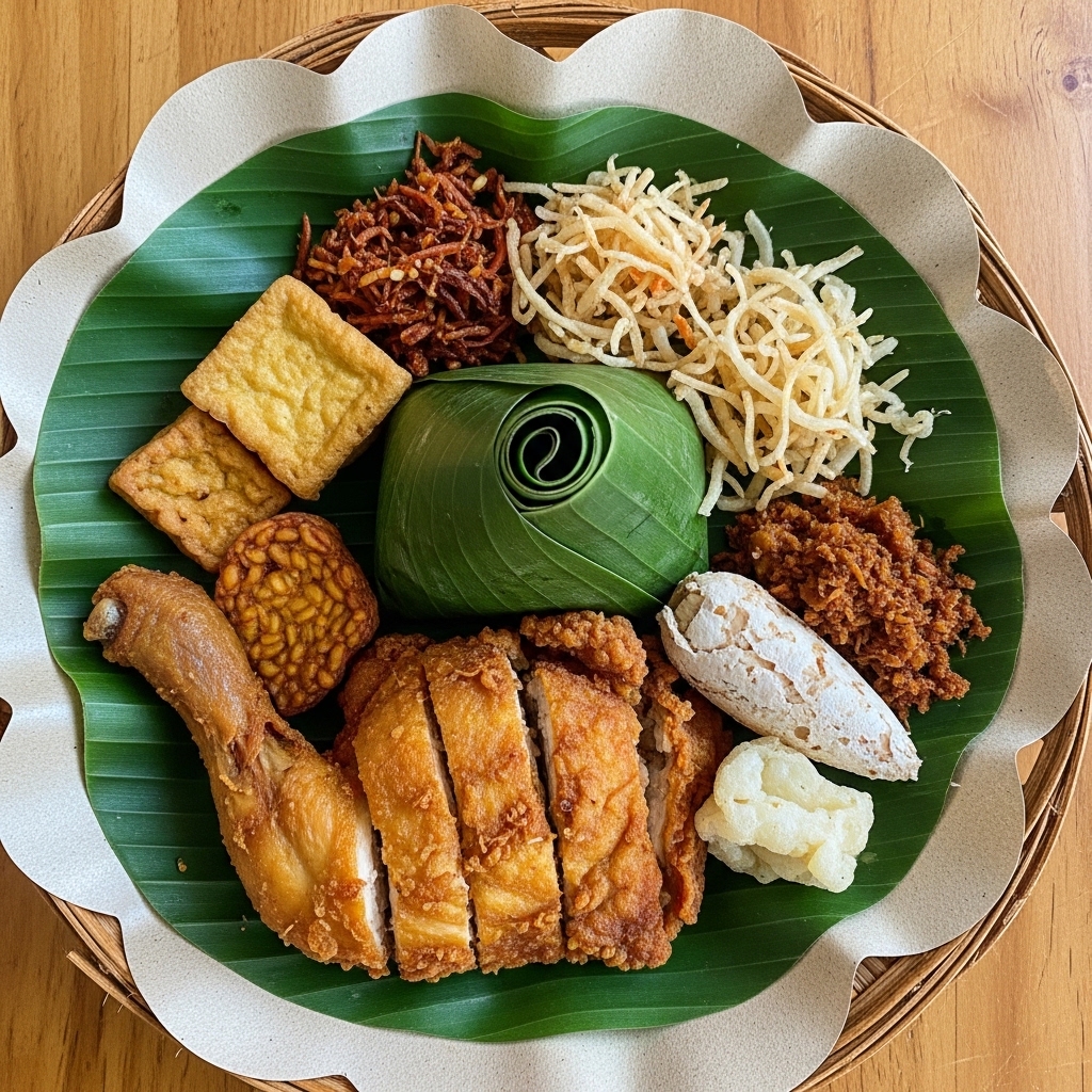 Ayam goreng karkas segar Tricik ukuran parting 8 yang proporsional untuk lauk pendamping Nasi Timbel komplit beralas daun pisang.