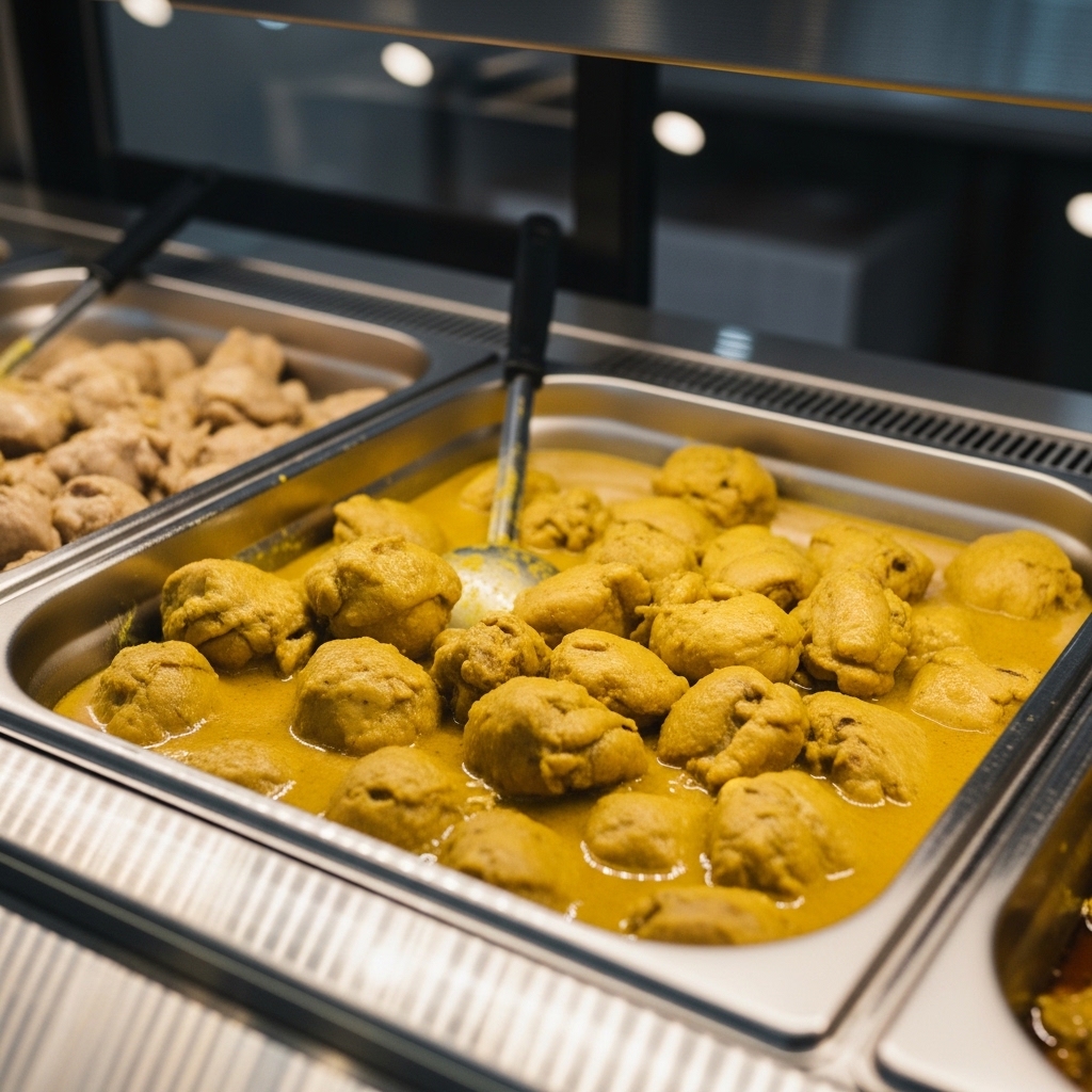 Potongan opor ayam montok karkas 1 kg parting 10 ayam potong segar Tricik di etalase kaca warteg mewah.