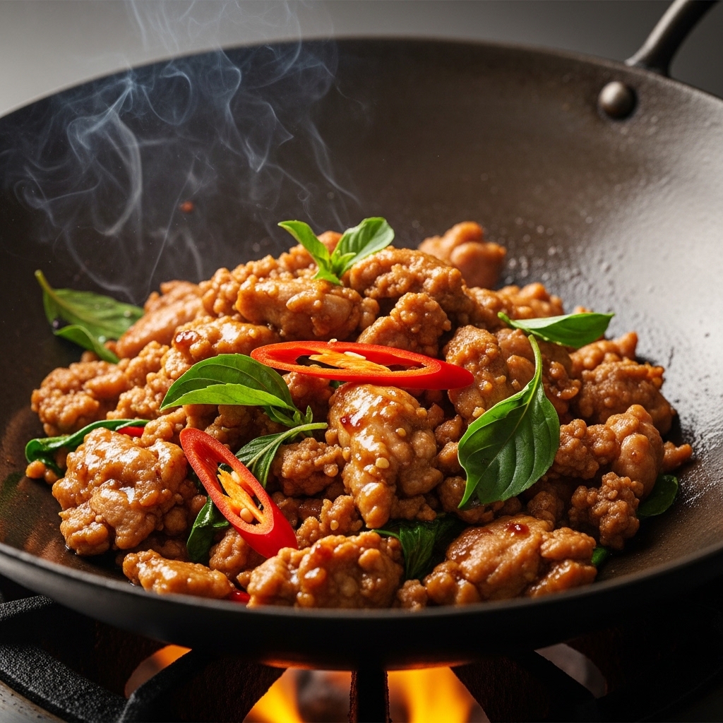 Tekstur daging boneless paha cincang segar Tricik Cengkareng dengan rasio lemak 80:20 untuk menu Pad Kra Pao di restoran Thailand B2B