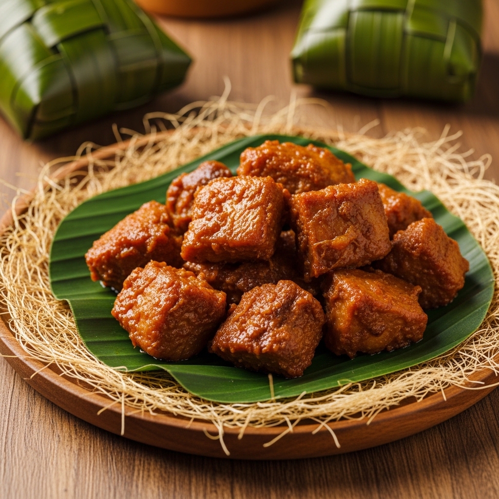 Potongan semur ayam dadu utuh anti hancur dari karkas segar Tricik untuk menu tradisional Nasi Jamblang daun jati.