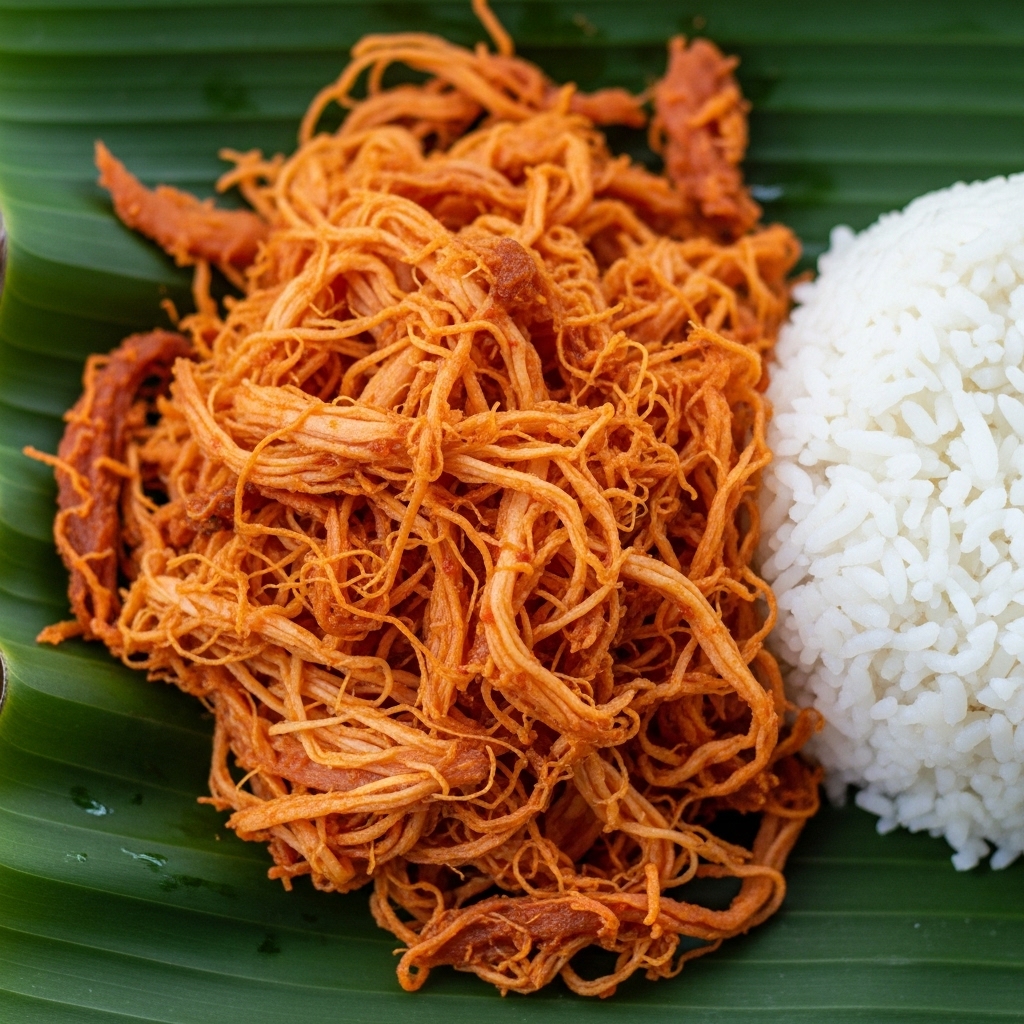 Suwiran ayam pelalah kering untuk nasi jinggo gerobakan menggunakan karkas ayam potong segar.