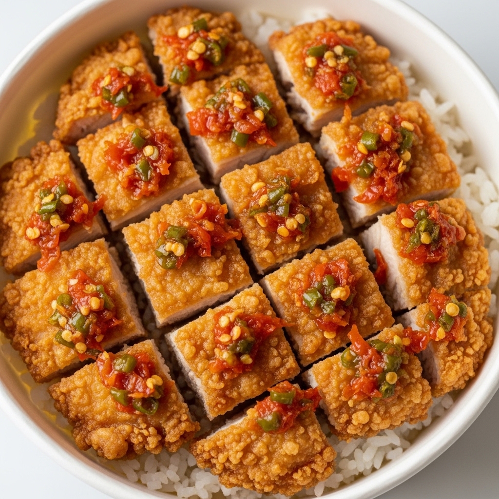 Potongan dadu filet ayam potong segar Tricik anti menyusut untuk menu rice bowl sambal matah yang melimpah.