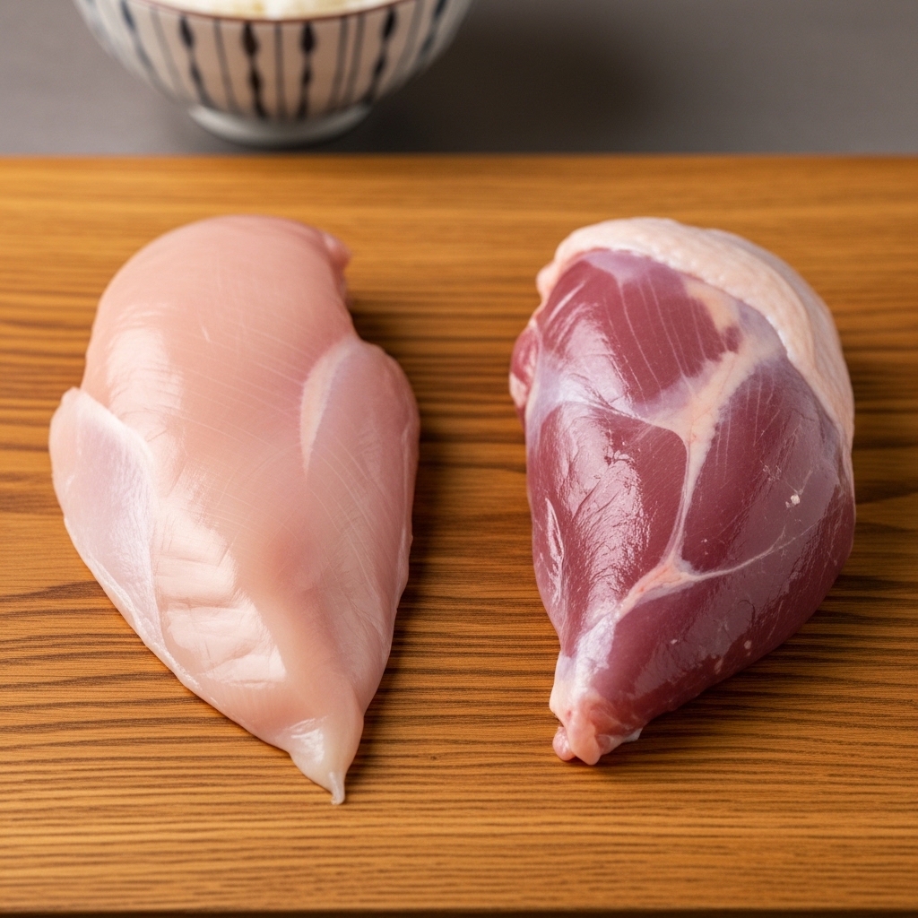 Perbandingan tekstur daging ayam boneless dada dan boneless paha segar Tricik Cengkareng untuk bahan baku menu rice bowl.