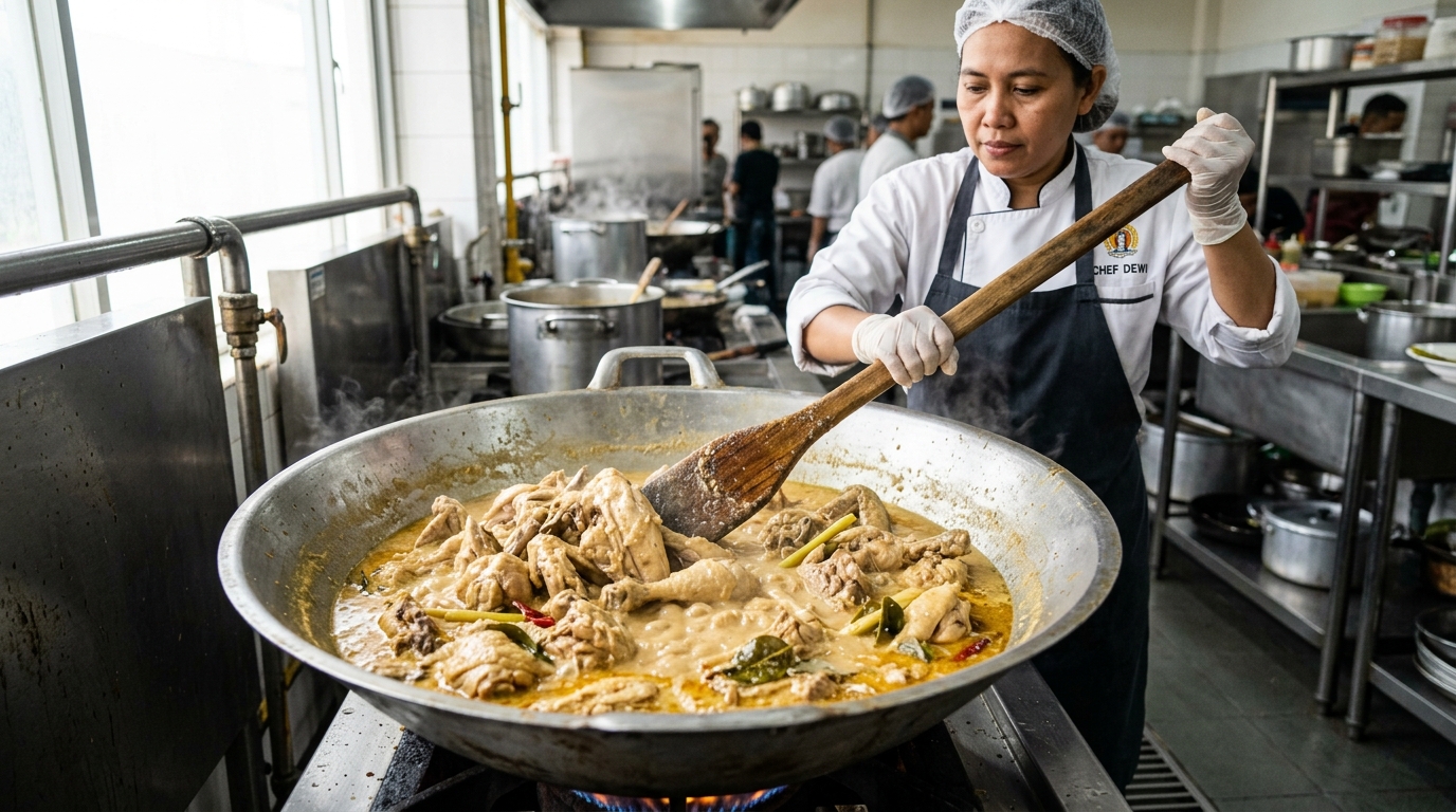 Potongan karkas ayam segar utuh dari Tricik Cengkareng anti hancur saat diaduk massal di kuali raksasa untuk opor Dapur MBG