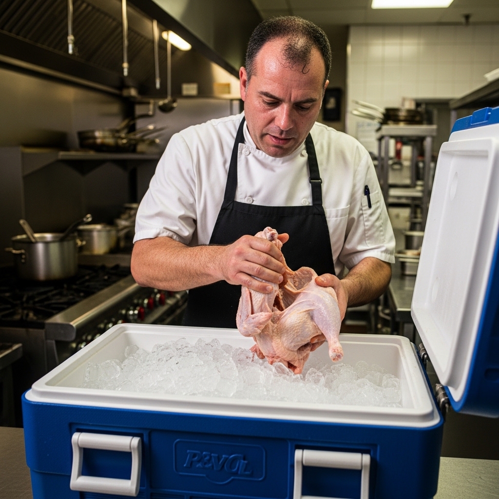 SOP darurat memindahkan ayam segar Tricik Cengkareng ke cool box es batu saat mati lampu untuk mencegah kerugian restoran B2B