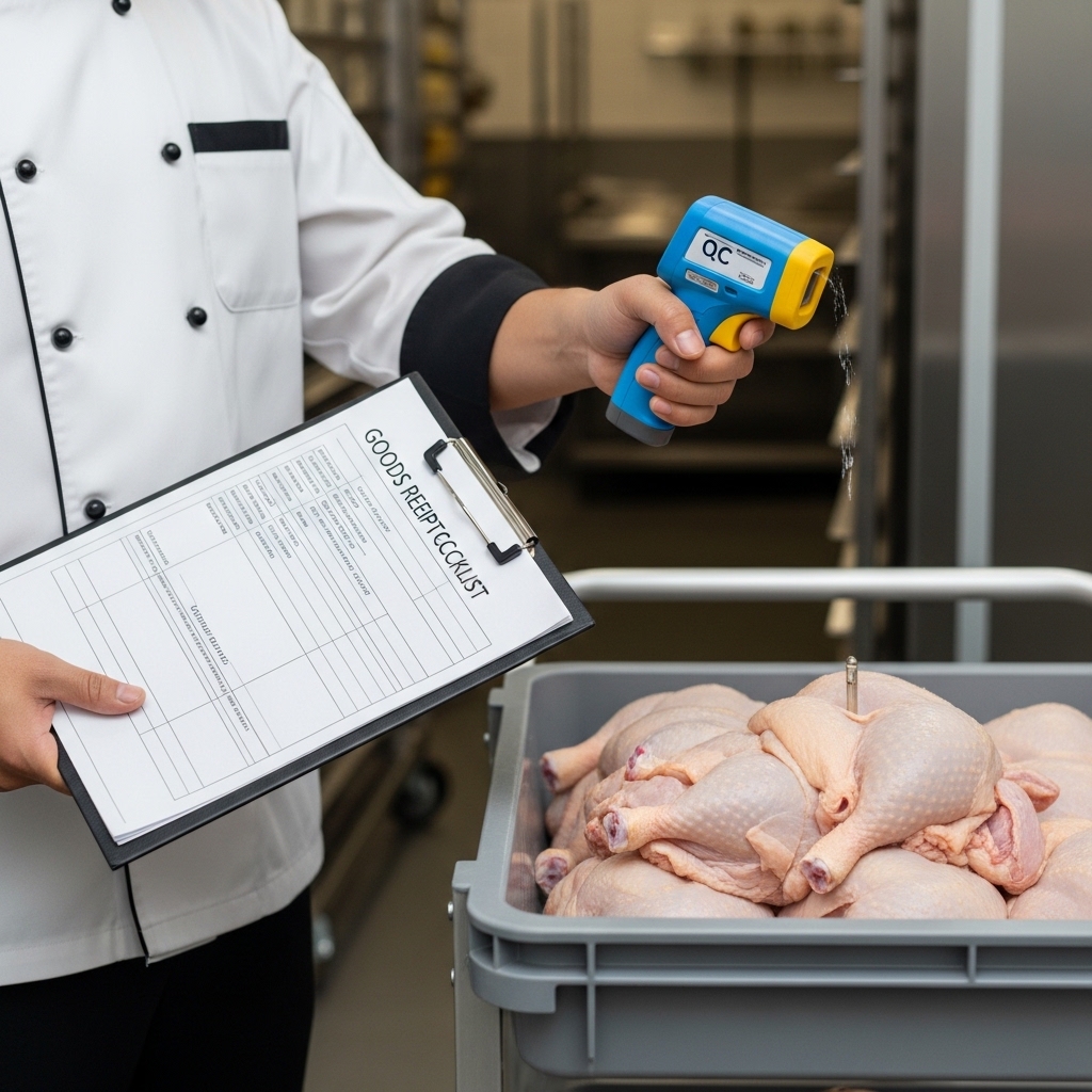Standar SOP receiving penerimaan ayam potong segar menggunakan termometer untuk menjaga kontrol kualitas bahan baku dapur restoran B2B dari Tricik Cengkareng