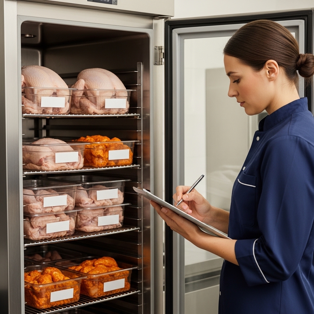 Manajer restoran melakukan prosedur stock opname harian untuk memantau inventaris ayam potong segar dari distributor Tricik Cengkareng di dapur B2B