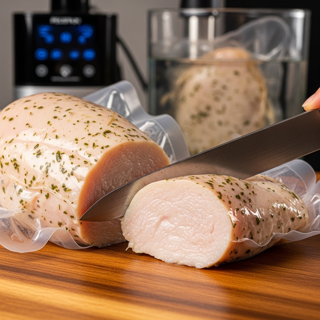 Hasil potongan boneless dada ayam segar Tricik Cengkareng yang dimasak empuk menggunakan metode sous vide suhu 60 derajat untuk restoran B2B