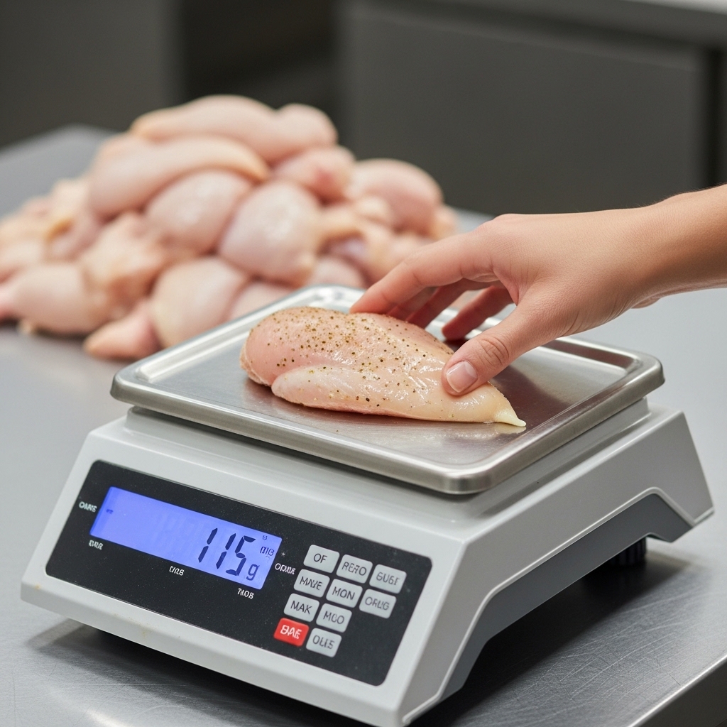 Proses standarisasi gramasi dengan toleransi 5 gram pada potongan ayam segar Tricik Cengkareng untuk menjaga konsistensi porsi franchise fried chicken B2B